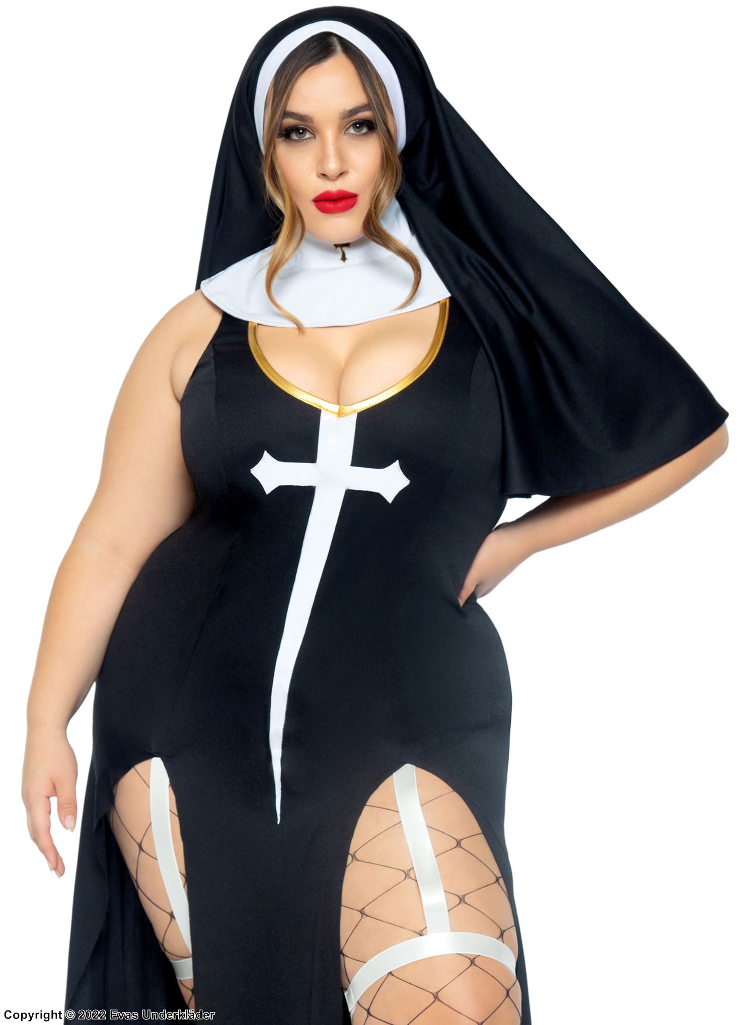 Nonne, Kostüm-Kleid, hoher Schlitz, eingebauter Strumpfbandgurte, christliches Kreuz, Plus Size